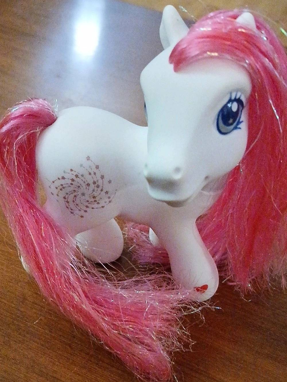 My Little Pony 2002 White W/ Pink Sparkle Hair Fireworks Design Heart Leg